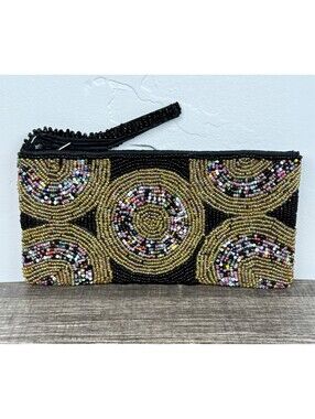Vtg Hand Beaded Wristlet Clutch Purse Black Gold Circles Boho Evening Bag